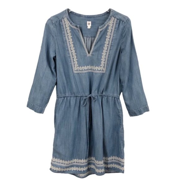 Gap | Embroidered Drawstring Waist Long Sleeve Blue Chambray Mini Dress XS Boho - Picture 1 of 10